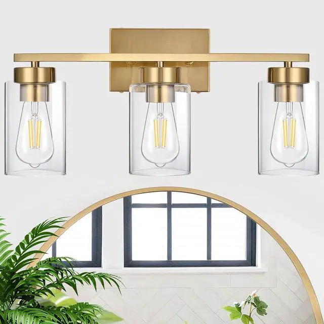 Alt view image 6 of 7 - 3-Light Bathroom Vanity Light, Modern Brushed Gold Wall Lights with Clear Glass Shades, Bathroom Wall Sconce Lamp for Mirror Living Room Bedroom Hallway