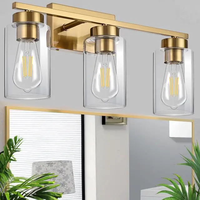 Alt view image 7 of 7 - 3-Light Bathroom Vanity Light, Modern Brushed Gold Wall Lights with Clear Glass Shades, Bathroom Wall Sconce Lamp for Mirror Living Room Bedroom Hallway