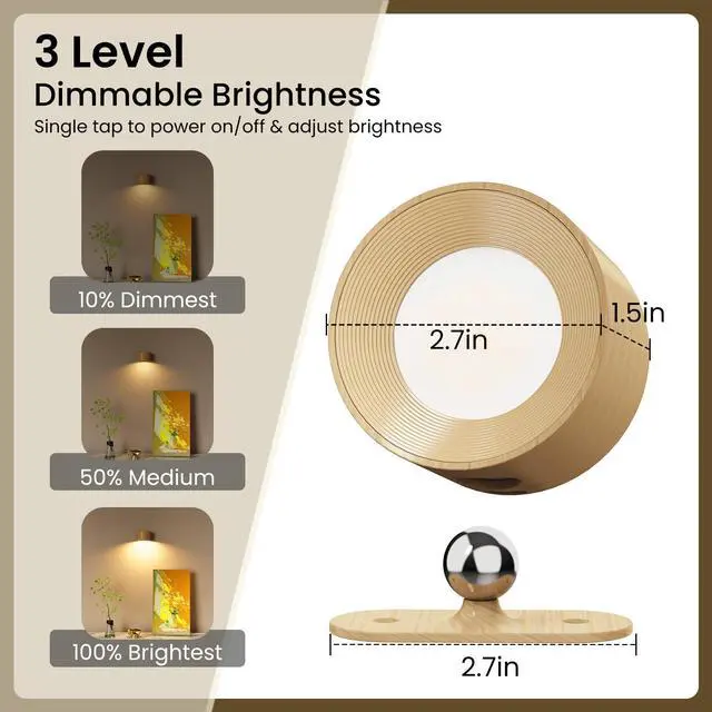 Alt view image 3 of 7 - LED Sconces, Wall Mounted Lamps with Rechargeable Battery Operated USB Port 3 Color Temperatures & 3 Brightness Levels 360°Rotate Magnetic Ball, Cordless Lights for Reading Bedside
