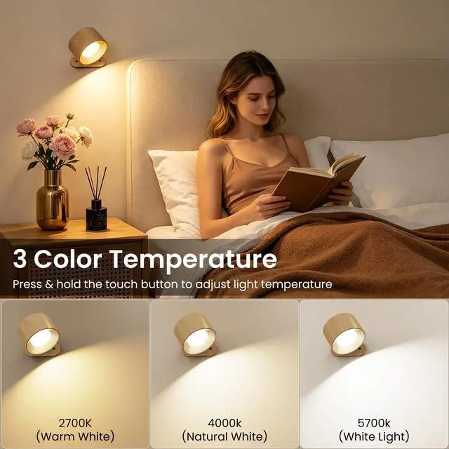 Alt view image 2 of 7 - LED Sconces, Wall Mounted Lamps with Rechargeable Battery Operated USB Port 3 Color Temperatures & 3 Brightness Levels 360°Rotate Magnetic Ball, Cordless Lights for Reading Bedside
