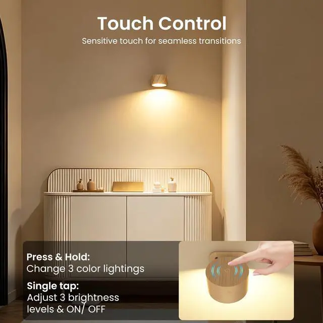 Alt view image 4 of 7 - LED Sconces, Wall Mounted Lamps with Rechargeable Battery Operated USB Port 3 Color Temperatures & 3 Brightness Levels 360°Rotate Magnetic Ball, Cordless Lights for Reading Bedside