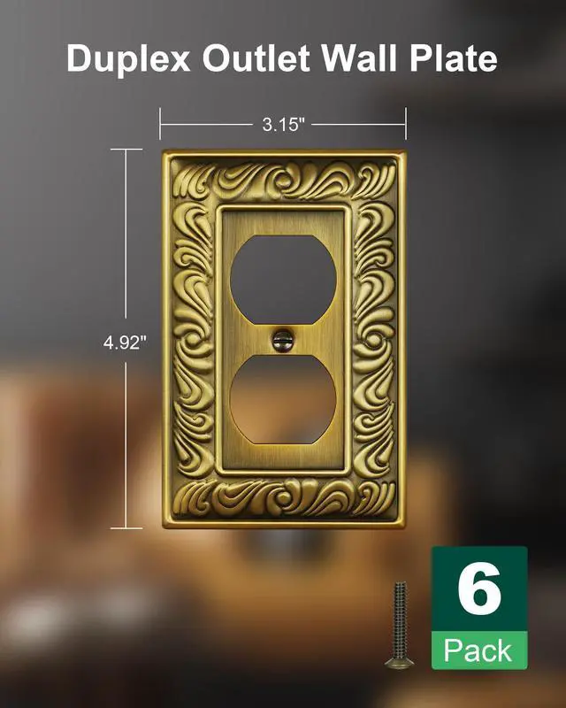Alt view image 2 of 7 - 6-Pack Paisley Pattern Duplex Outlet Cover Plate,Metal Switch Plates | Wall Plates for Electrical Outlets, 1 Gang Receptacle Cover, Decorative Switch Plates and Outlet Covers, Antique Brass