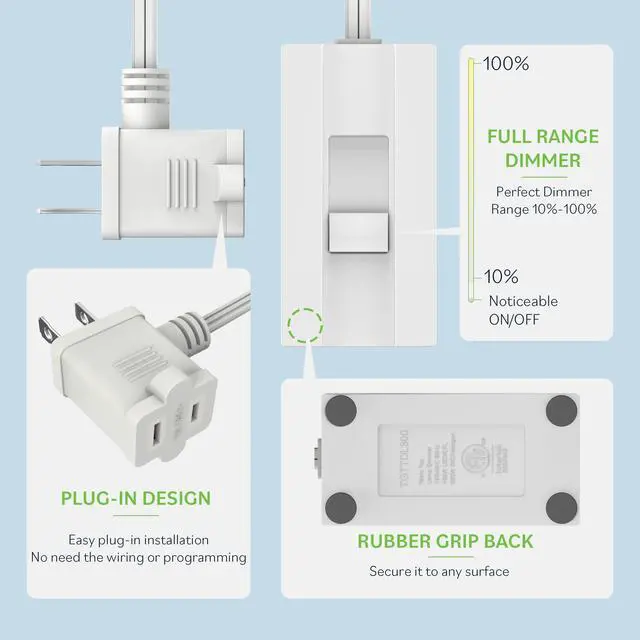 Alt view image 2 of 7 - Plug-in Dimmer Switch for Lamps, 6-Foot Cord, White, 1 Pack | 150W dimmable LED/CFL or 360W incandescent/halogen. Quiet slide control. Not for fans, motors or transformers. ETL Listed