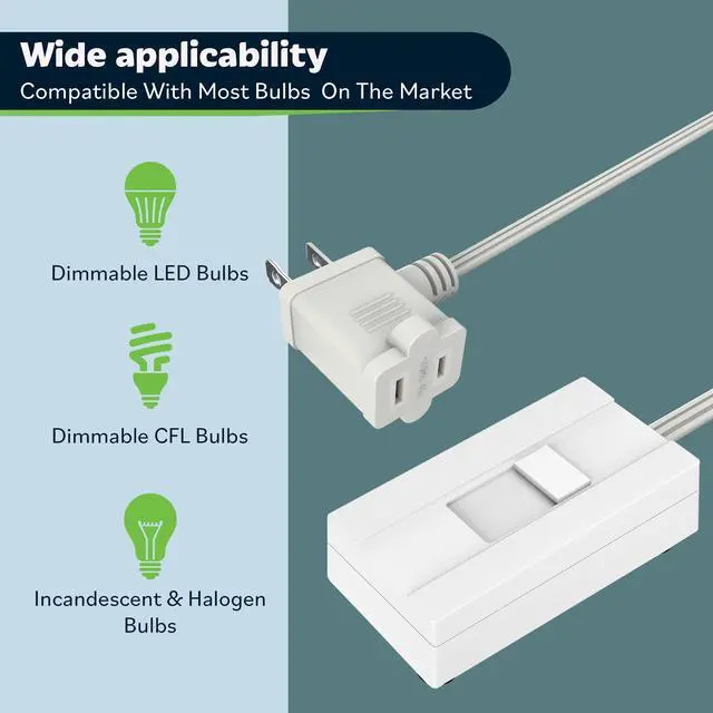 Alt view image 3 of 7 - Plug-in Dimmer Switch for Lamps, 6-Foot Cord, White, 1 Pack | 150W dimmable LED/CFL or 360W incandescent/halogen. Quiet slide control. Not for fans, motors or transformers. ETL Listed