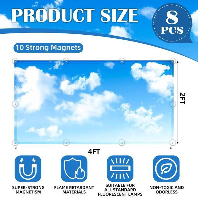 Alt view image 2 of 7 - 8 Pcs Fluorescent Light Covers, 4x2 Feet Fabric for Ceiling Lights | 8 x 10 Magnetic Light Filters for Classroom, Office, Hospitals (Blue Skies & White Clouds)
