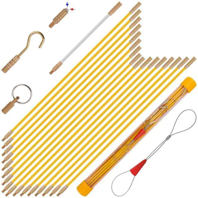 Main image of 22FT Fiberglass Wire Running Kit, Cable Running Rods with 4 Attachments | Fiberglass Electrical Wire Running Rods, 22FT Non-Conductive Pulling Kit with 4 Interchangeable Heads, Carrying Case