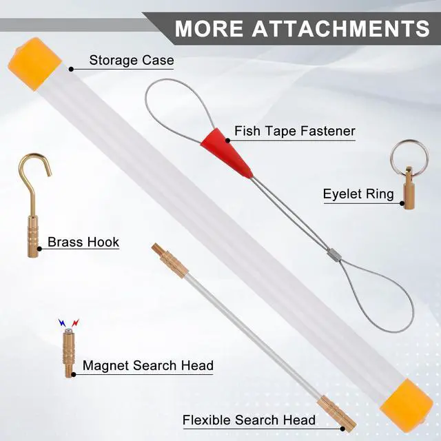 Alt view image 2 of 6 - 22FT Fiberglass Wire Running Kit, Cable Running Rods with 4 Attachments | Fiberglass Electrical Wire Running Rods, 22FT Non-Conductive Pulling Kit with 4 Interchangeable Heads, Carrying Case