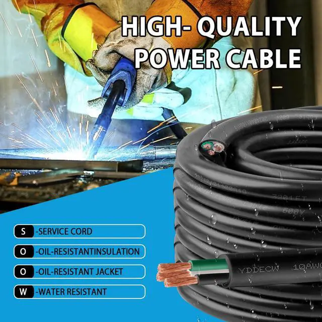Alt view image 3 of 7 - 25ft 10/3 10 AWG Portable Power Cable (3 Conductor) - SOOW 600V 10 Gauge Electric Wire for Motor Leads, Portable Lights, Battery Chargers and Machinery - 3 Conductor - 25 Feet Electrical Cord