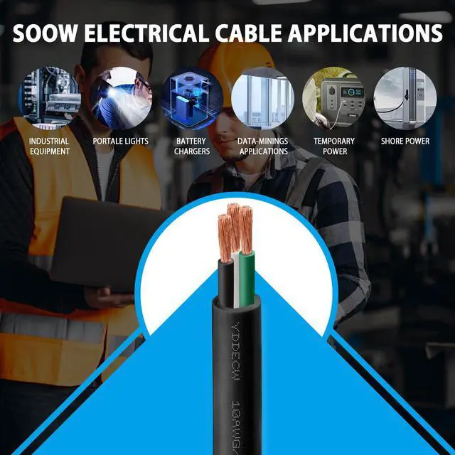 Alt view image 7 of 7 - 25ft 10/3 10 AWG Portable Power Cable (3 Conductor) - SOOW 600V 10 Gauge Electric Wire for Motor Leads, Portable Lights, Battery Chargers and Machinery - 3 Conductor - 25 Feet Electrical Cord