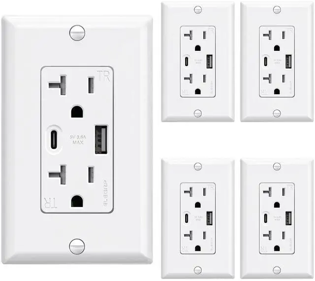 Main image of USB Wall Outlets, 20 Amp USB C Wall Outlets Receptacles, Outlets with USB A and USB C Ports, Tamper Resistant Receptacle, Wall Plate Included, UL Listed, 5 Pack, White