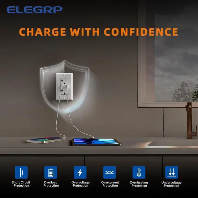Alt view image 6 of 7 - USB Wall Outlets, 20 Amp USB C Wall Outlets Receptacles, Outlets with USB A and USB C Ports, Tamper Resistant Receptacle, Wall Plate Included, UL Listed, 5 Pack, White