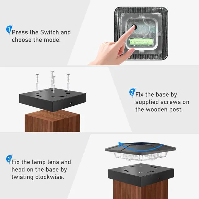 Alt view image 7 of 7 - 4x4 Solar Post Cap Lights Outdoor with 3 Lighting Modes, 2 Packs LED Post Light Solar Powered Waterproof, Fence Deck Lights for 4×4/3.5×3.5 Wood/Vinyl Posts