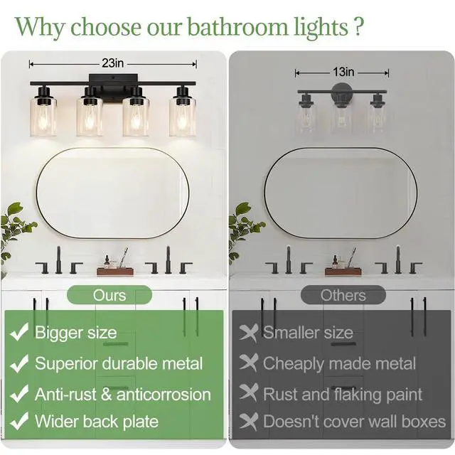 Alt view image 2 of 7 - 4-Light Bathroom Light Fixtures, Matte Black Modern Vanity Lights with Clear Glass Shades, Bathroom Wall Lamp for Mirror Living Room Cabinet Bedroom Porch