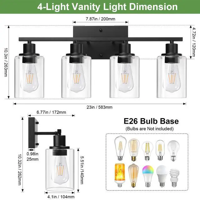 Alt view image 4 of 7 - 4-Light Bathroom Light Fixtures, Matte Black Modern Vanity Lights with Clear Glass Shades, Bathroom Wall Lamp for Mirror Living Room Cabinet Bedroom Porch