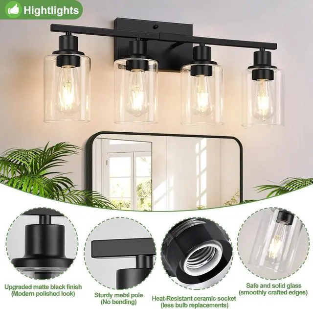 Alt view image 5 of 7 - 4-Light Bathroom Light Fixtures, Matte Black Modern Vanity Lights with Clear Glass Shades, Bathroom Wall Lamp for Mirror Living Room Cabinet Bedroom Porch