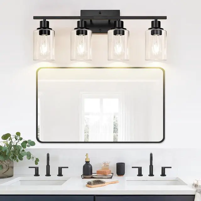 Alt view image 7 of 7 - 4-Light Bathroom Light Fixtures, Matte Black Modern Vanity Lights with Clear Glass Shades, Bathroom Wall Lamp for Mirror Living Room Cabinet Bedroom Porch