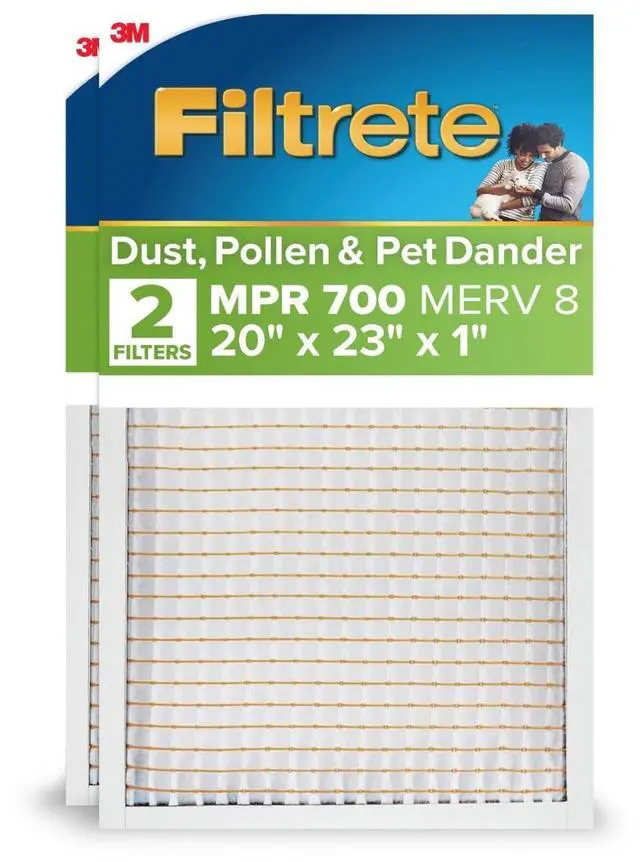Main image of 20x23x1 AC Furnace Air Filter, MPR 700, MERV 8, Tough on Pollen, Easy on Airflow, 3-Month Pleated 1-Inch Electrostatic Air Cleaning Filter, 2-Pack (Actual Size 19.69 x 22.69 x 0.81 in)
