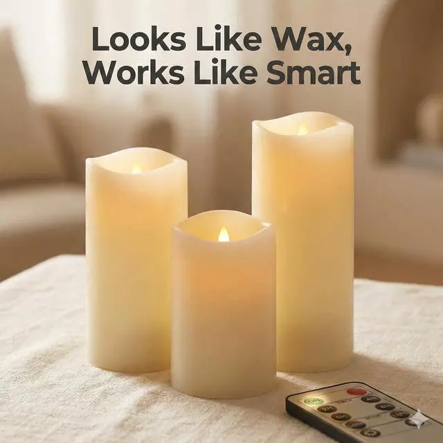 Alt view image 6 of 7 - Set of 24 Slim Outdoor LED Candles, Battery Operated Flickering Fake Candles with 10-Key Timers for Patio & Porch Decor, 2.2 Inch Diameter Waterproof Resin Pillars for Large Events & Sconces (White)