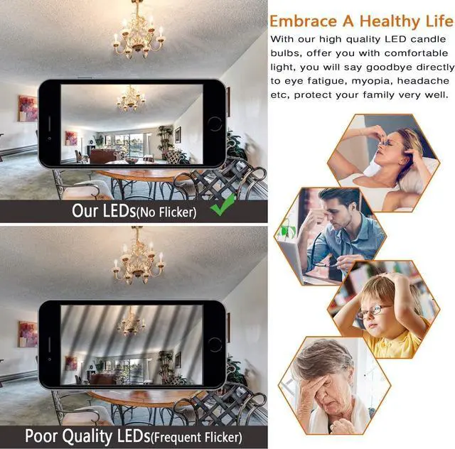Alt view image 3 of 6 - 12-Pack Dimmable E12 LED Candelabra Bulbs 40Watt Equivalent, 2700K Warm White, 450Lumens, 4W B11 Vintage Chandelier Light Bulbs, LED Filament Clear Glass Candle Lamp for Ceiling Fan Home Decor1
