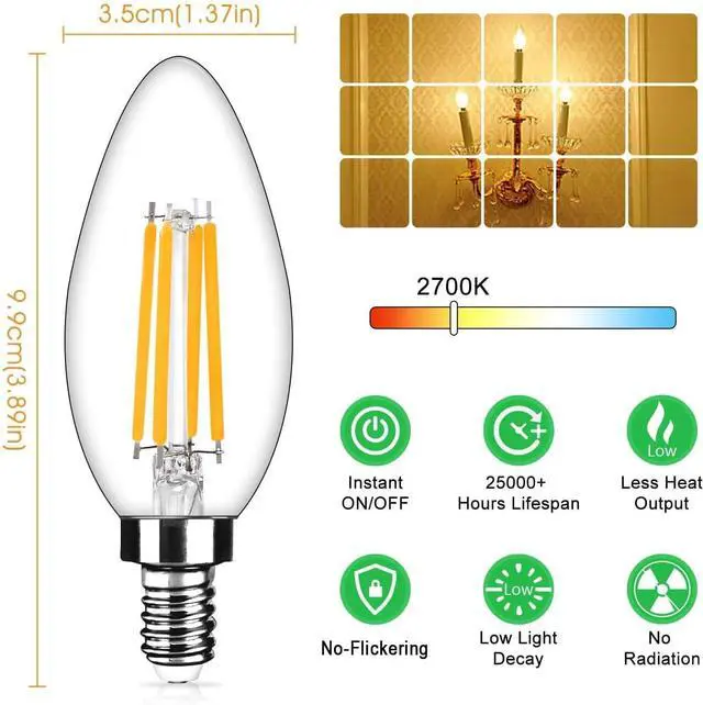 Alt view image 4 of 6 - 12-Pack Dimmable E12 LED Candelabra Bulbs 40Watt Equivalent, 2700K Warm White, 450Lumens, 4W B11 Vintage Chandelier Light Bulbs, LED Filament Clear Glass Candle Lamp for Ceiling Fan Home Decor1