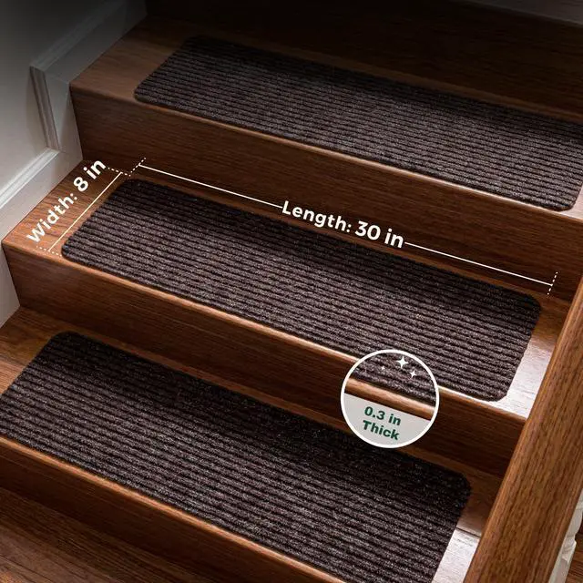 Alt view image 2 of 7 - Carpet Stair Treads for Wooden Steps, 15 Pack, 8" x 30", Brown Stripe | Four-layer polyester carpet with PP grid base, nonwoven cushion and TPR adhesive backing adds indoor traction and comfort