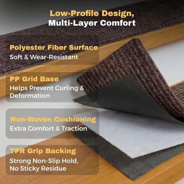 Alt view image 3 of 7 - Carpet Stair Treads for Wooden Steps, 15 Pack, 8" x 30", Brown Stripe | Four-layer polyester carpet with PP grid base, nonwoven cushion and TPR adhesive backing adds indoor traction and comfort