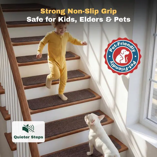 Alt view image 4 of 7 - Carpet Stair Treads for Wooden Steps, 15 Pack, 8" x 30", Brown Stripe | Four-layer polyester carpet with PP grid base, nonwoven cushion and TPR adhesive backing adds indoor traction and comfort