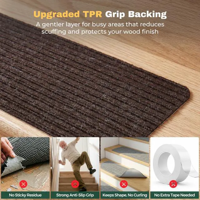 Alt view image 5 of 7 - Carpet Stair Treads for Wooden Steps, 15 Pack, 8" x 30", Brown Stripe | Four-layer polyester carpet with PP grid base, nonwoven cushion and TPR adhesive backing adds indoor traction and comfort