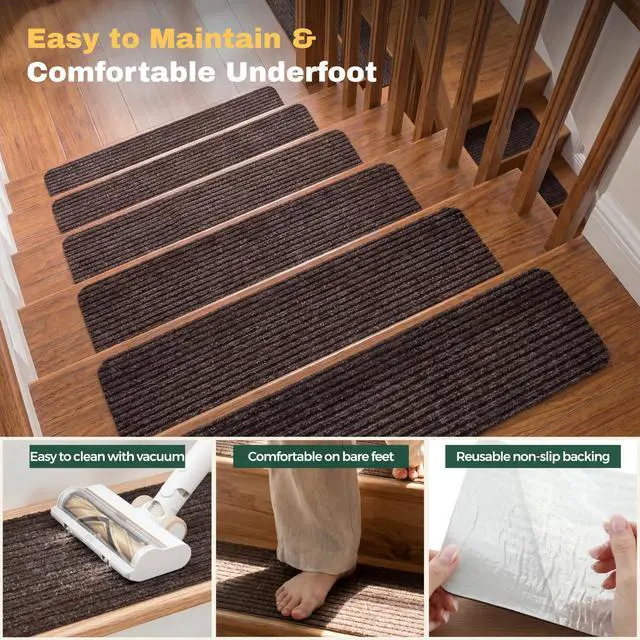 Alt view image 6 of 7 - Carpet Stair Treads for Wooden Steps, 15 Pack, 8" x 30", Brown Stripe | Four-layer polyester carpet with PP grid base, nonwoven cushion and TPR adhesive backing adds indoor traction and comfort