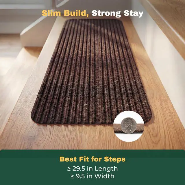Alt view image 7 of 7 - Carpet Stair Treads for Wooden Steps, 15 Pack, 8" x 30", Brown Stripe | Four-layer polyester carpet with PP grid base, nonwoven cushion and TPR adhesive backing adds indoor traction and comfort