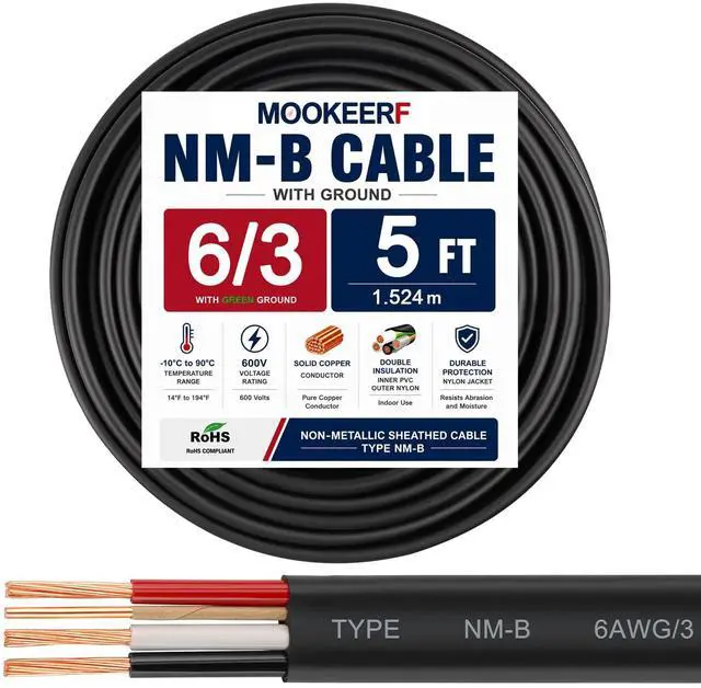 Main image of 6/3 Wire with Ground - 5FT NM-B 6 Gauge Non-Metallic Sheathed Cable 100% Pure Copper 6 AWG 3 Conductor Residential Indoor Wire for Outlets, Switches, Other Loads and Lighting Wiring Projects etc