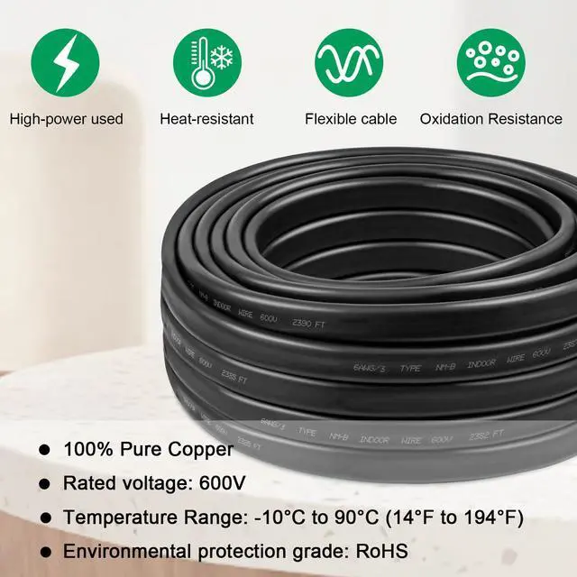 Alt view image 3 of 7 - 6/3 Wire with Ground - 5FT NM-B 6 Gauge Non-Metallic Sheathed Cable 100% Pure Copper 6 AWG 3 Conductor Residential Indoor Wire for Outlets, Switches, Other Loads and Lighting Wiring Projects etc