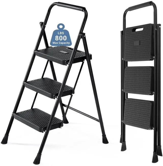 Main image of 3 Step Ladder, Sturdy Step Stool with Anti-Slip Pedal & Comfortable Handrail, Portable Heavy Duty Stool for Kitchen, Garage & Outdoor Use, 800lbs, Black
