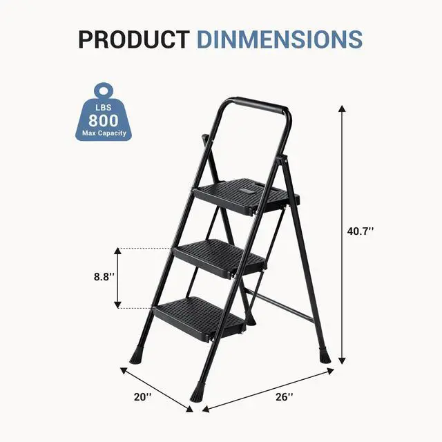 Alt view image 2 of 7 - 3 Step Ladder, Sturdy Step Stool with Anti-Slip Pedal & Comfortable Handrail, Portable Heavy Duty Stool for Kitchen, Garage & Outdoor Use, 800lbs, Black
