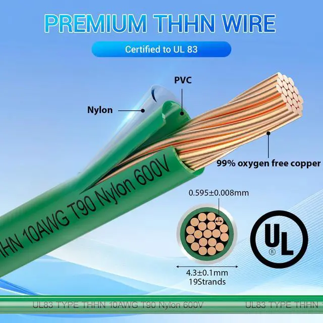 Alt view image 2 of 7 - THHN Wire 10 Gauge 50FT, UL83 THWN-2 10 AWG Copper Ground Wire(Green) | UL83 THHN/THWN-2 10 AWG Stranded OFC Ground Wire, Nylon/PVC Insulated, 600V for Residential, Conduit, Industrial, CNC