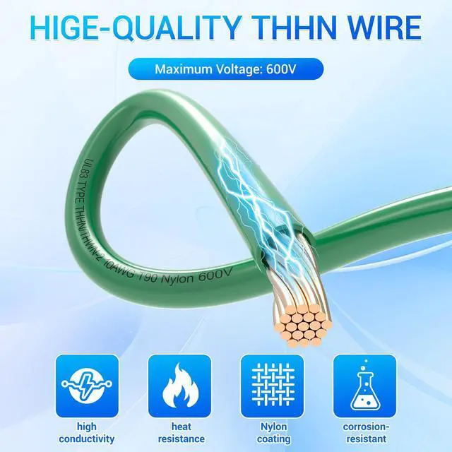 Alt view image 3 of 7 - THHN Wire 10 Gauge 50FT, UL83 THWN-2 10 AWG Copper Ground Wire(Green) | UL83 THHN/THWN-2 10 AWG Stranded OFC Ground Wire, Nylon/PVC Insulated, 600V for Residential, Conduit, Industrial, CNC