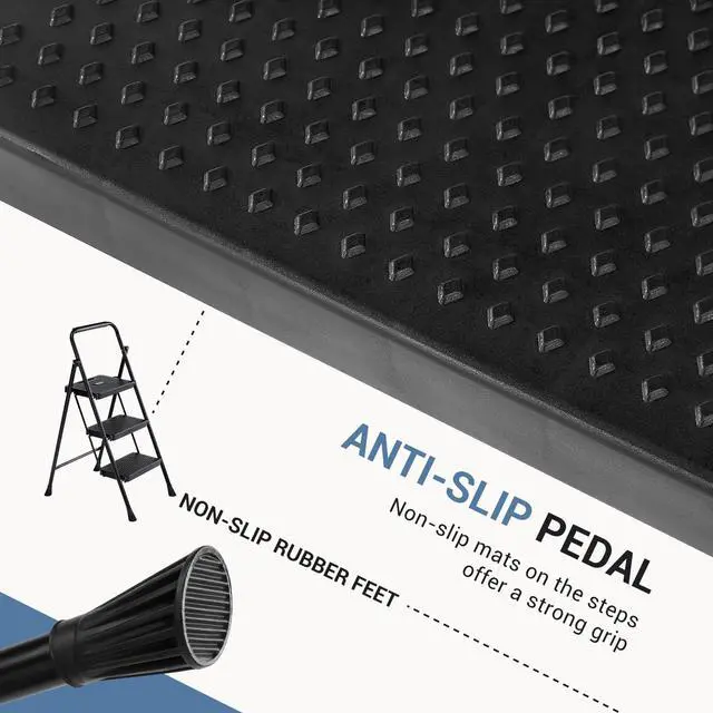Alt view image 4 of 7 - 3 Step Ladder, Sturdy Step Stool with Anti-Slip Pedal & Comfortable Handrail, Portable Heavy Duty Stool for Kitchen, Garage & Outdoor Use, 800lbs, Black