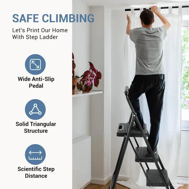Alt view image 7 of 7 - 3 Step Ladder, Sturdy Step Stool with Anti-Slip Pedal & Comfortable Handrail, Portable Heavy Duty Stool for Kitchen, Garage & Outdoor Use, 800lbs, Black