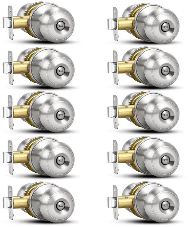 Main image of 10 Pack Brushed Nickel Door Knobs,Privacy Door Knob with Lock, Interior Doorknobs Silver, Keyless Door Locks Set for Bedrooms Bathrooms, Reversible for Left/Right Door Handle