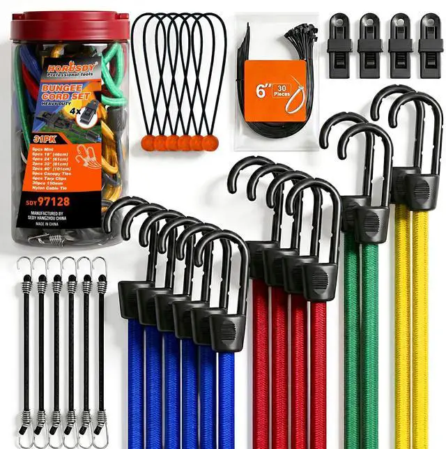 Main image of 31-Piece Premium Bungee Cords Assortment Jar, Includes 10,18,24,32,40 Bungee Cords, 6 Zip Ties, 8Canopy/Tarp Ball Ties and Crocodile Mouth Tarp Clips