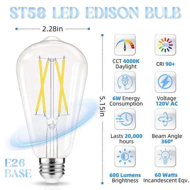 Alt view image 2 of 7 - Edison Bulbs E26 LED Bulb 60 watt Equivalent 4000K Daylight White | ST58 Vintage Light Bulbs Non-Dimmable, Clear Glass, 90+ CRI, 6W 600LM, E26 Medium Base, 12 Pack