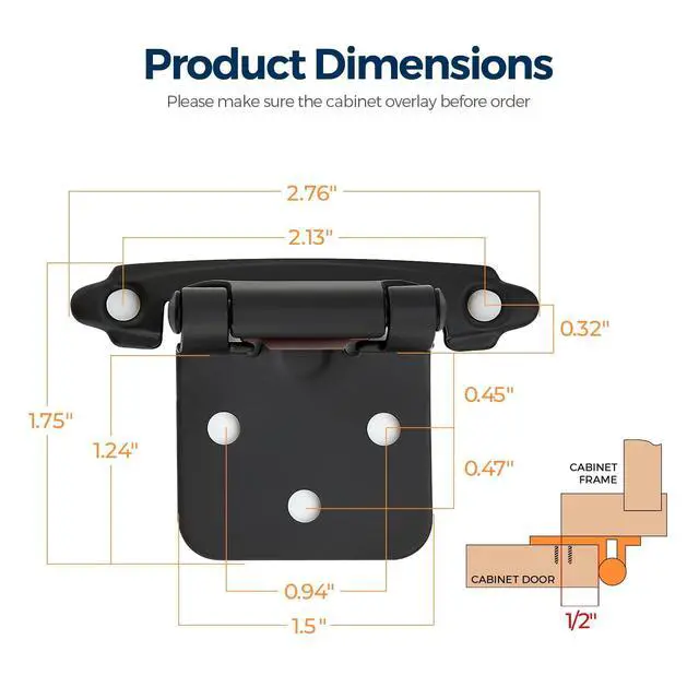Alt view image 3 of 7 - Matte Black Cabinet Hinges, 1/2 Inch Overlay, 60 Pack (30 Pairs) | Self-Closing Design, Semi-Concealed Face Mount, Door Bumpers Included, For Kitchen And Cupboard Door Hardware Updates