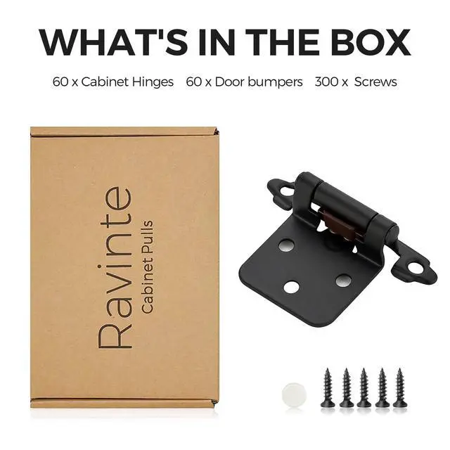 Alt view image 6 of 7 - Matte Black Cabinet Hinges, 1/2 Inch Overlay, 60 Pack (30 Pairs) | Self-Closing Design, Semi-Concealed Face Mount, Door Bumpers Included, For Kitchen And Cupboard Door Hardware Updates