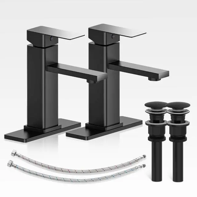 Main image of Bathroom Faucets Set with Pop Up Drain, Modern Single Handle Black Bathroom Sink Faucet w/Deck Plate(1 or 3 Hole), Farmhouse RV Vanity Sink Faucet-2 Sets, baño lavamanos Llave