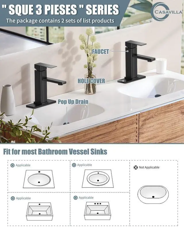Alt view image 2 of 7 - Bathroom Faucets Set with Pop Up Drain, Modern Single Handle Black Bathroom Sink Faucet w/Deck Plate(1 or 3 Hole), Farmhouse RV Vanity Sink Faucet-2 Sets, baño lavamanos Llave