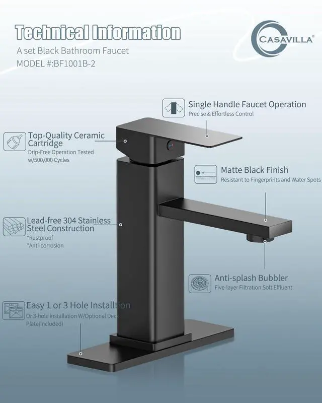 Alt view image 7 of 7 - Bathroom Faucets Set with Pop Up Drain, Modern Single Handle Black Bathroom Sink Faucet w/Deck Plate(1 or 3 Hole), Farmhouse RV Vanity Sink Faucet-2 Sets, baño lavamanos Llave