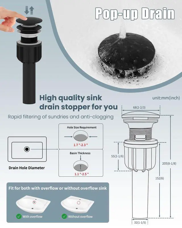 Alt view image 6 of 7 - Bathroom Faucets Set with Pop Up Drain, Modern Single Handle Black Bathroom Sink Faucet w/Deck Plate(1 or 3 Hole), Farmhouse RV Vanity Sink Faucet-2 Sets, baño lavamanos Llave