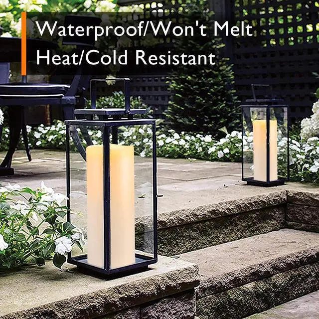 Alt view image 2 of 7 - 10" x 4" Large Waterproof Outdoor Flameless Candles with Remote Control and Timer, Battery Operated Flickering LED Pillar Candles for Outdoor Larterns, Porch, Long Lasting, Set of 2