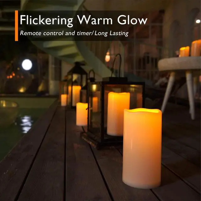 Alt view image 6 of 7 - 10" x 4" Large Waterproof Outdoor Flameless Candles with Remote Control and Timer, Battery Operated Flickering LED Pillar Candles for Outdoor Larterns, Porch, Long Lasting, Set of 2