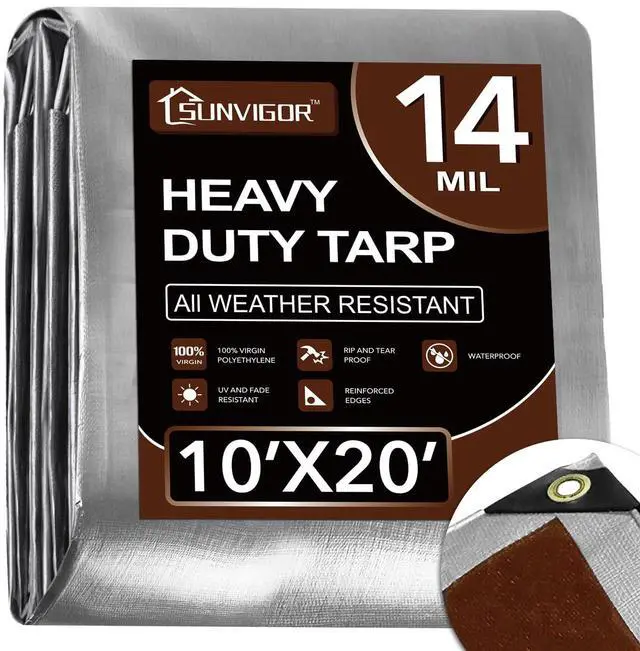 Main image of Tarp Waterproof 10x20Ft, Heavy Duty Tarp Cover Extra Thick 14 Mil Tear and UV Resistant, Outdoor Tarps with Grommets and Reinforced Edges for Roof, Camping, Patio, Pool, Boat (Silver/Brown)